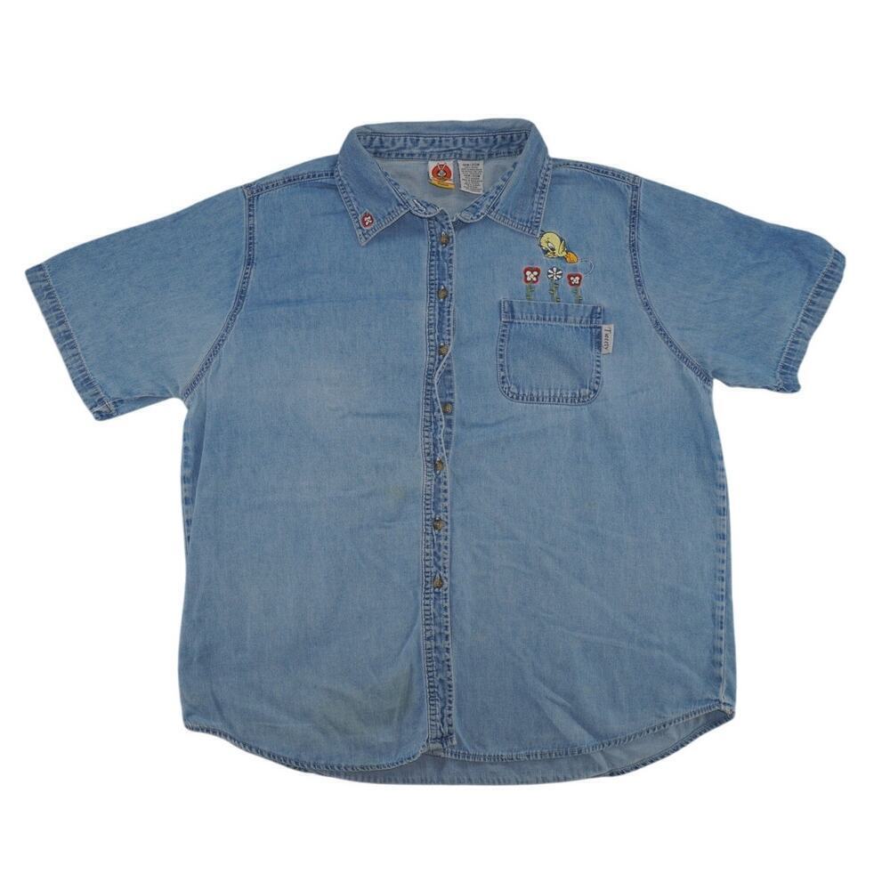 Vintage Looney Tunes Denim Button-Down Tweety Bird Floral Embroidery 18W/20W